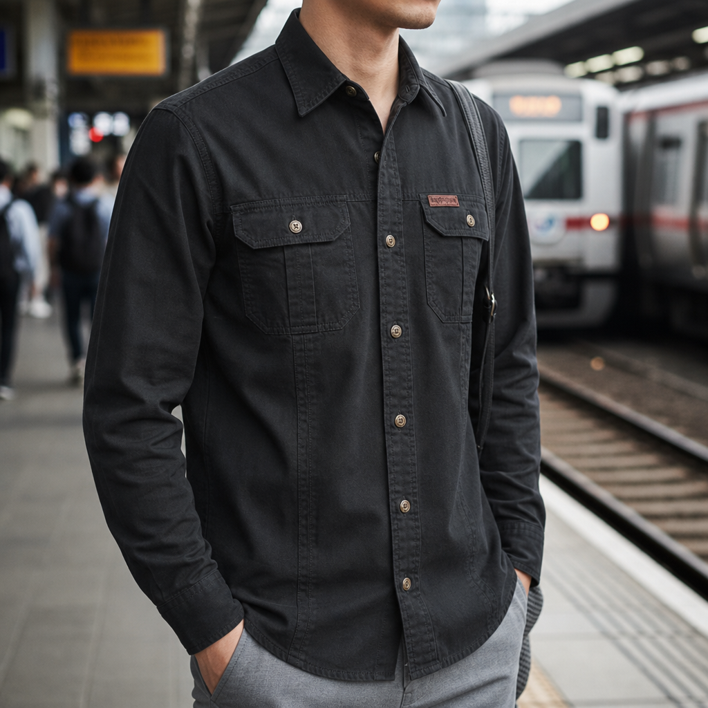 Men's Cotton Blend Long Sleeve Shirt Regular Fit Chest Pockets – Rowan