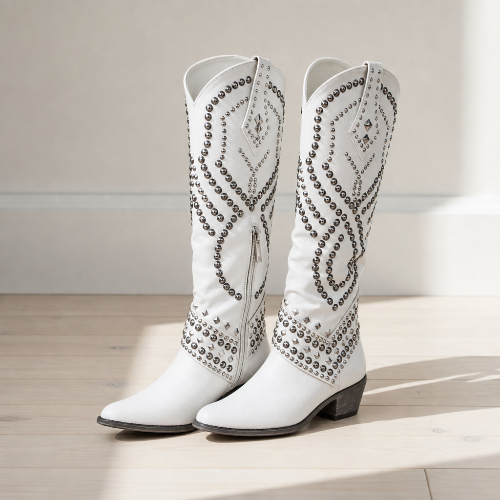 Women's Studded Western Knee High Boots Pointed Toe Block Heel – Marlowe