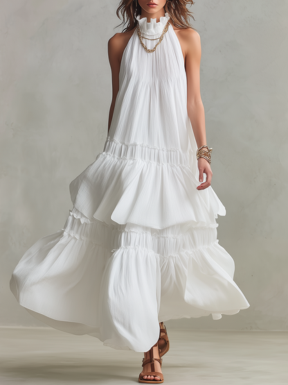 Robe maxi bohème légère à col montant et volants superposés
