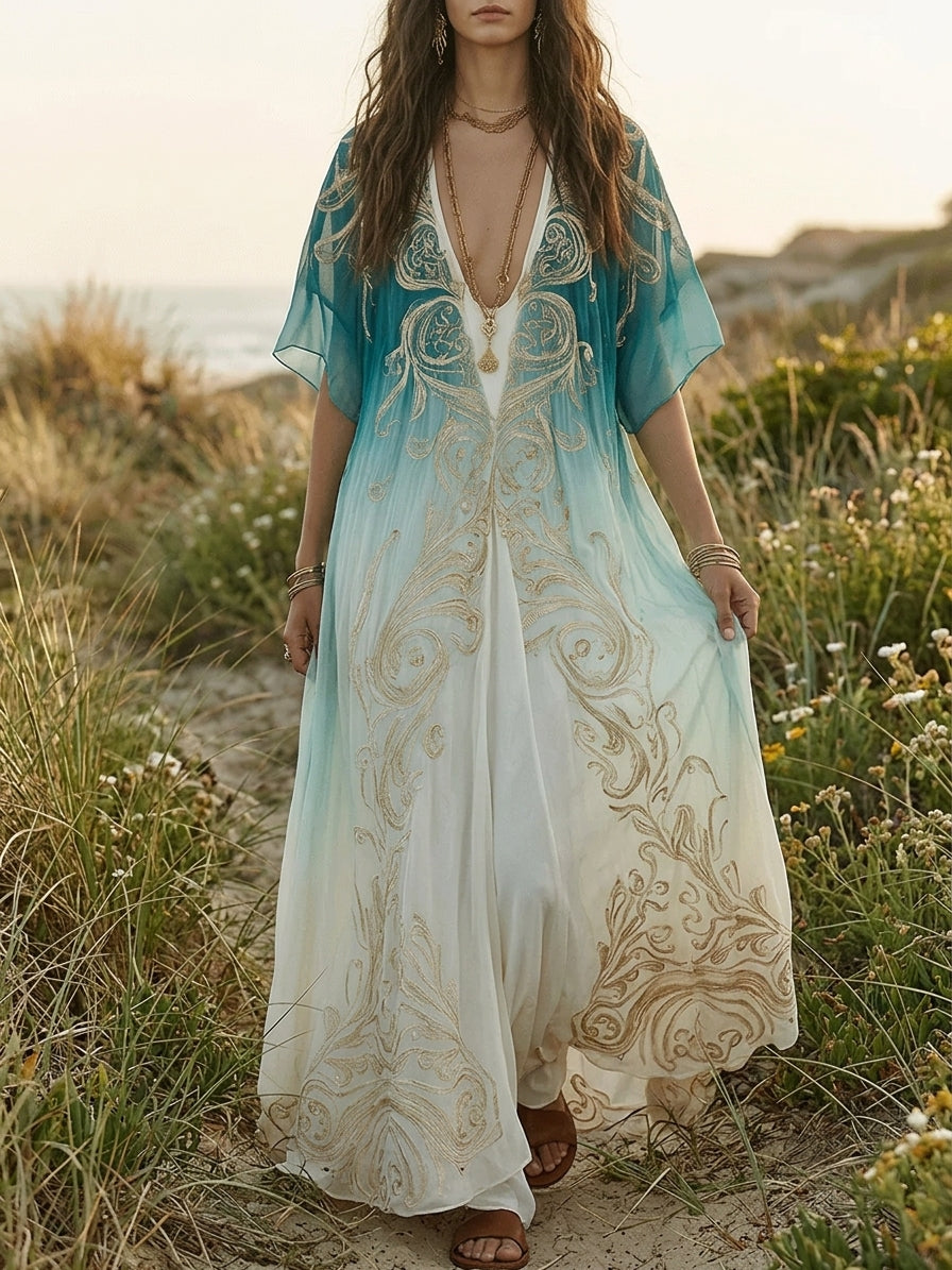 Robe kaftan maxi chic ombrée aqua avec élégance brise côtière