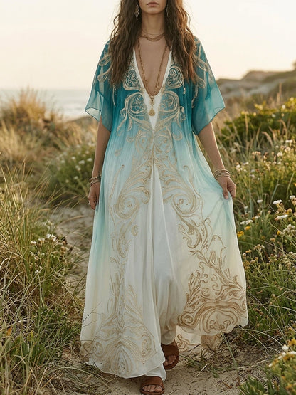 Robe kaftan maxi chic ombrée aqua avec élégance brise côtière