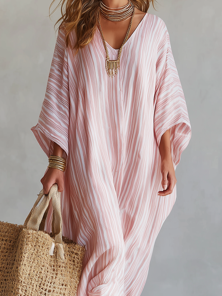 Robe kaftan rose pâle rayée de style bohème