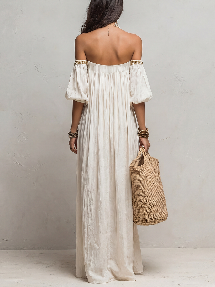 Robe maxi bohème ivoire plissée épaules dénudées