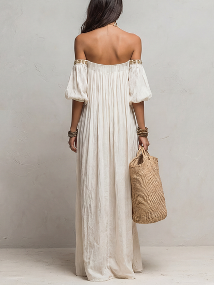 Robe maxi bohème ivoire plissée épaules dénudées
