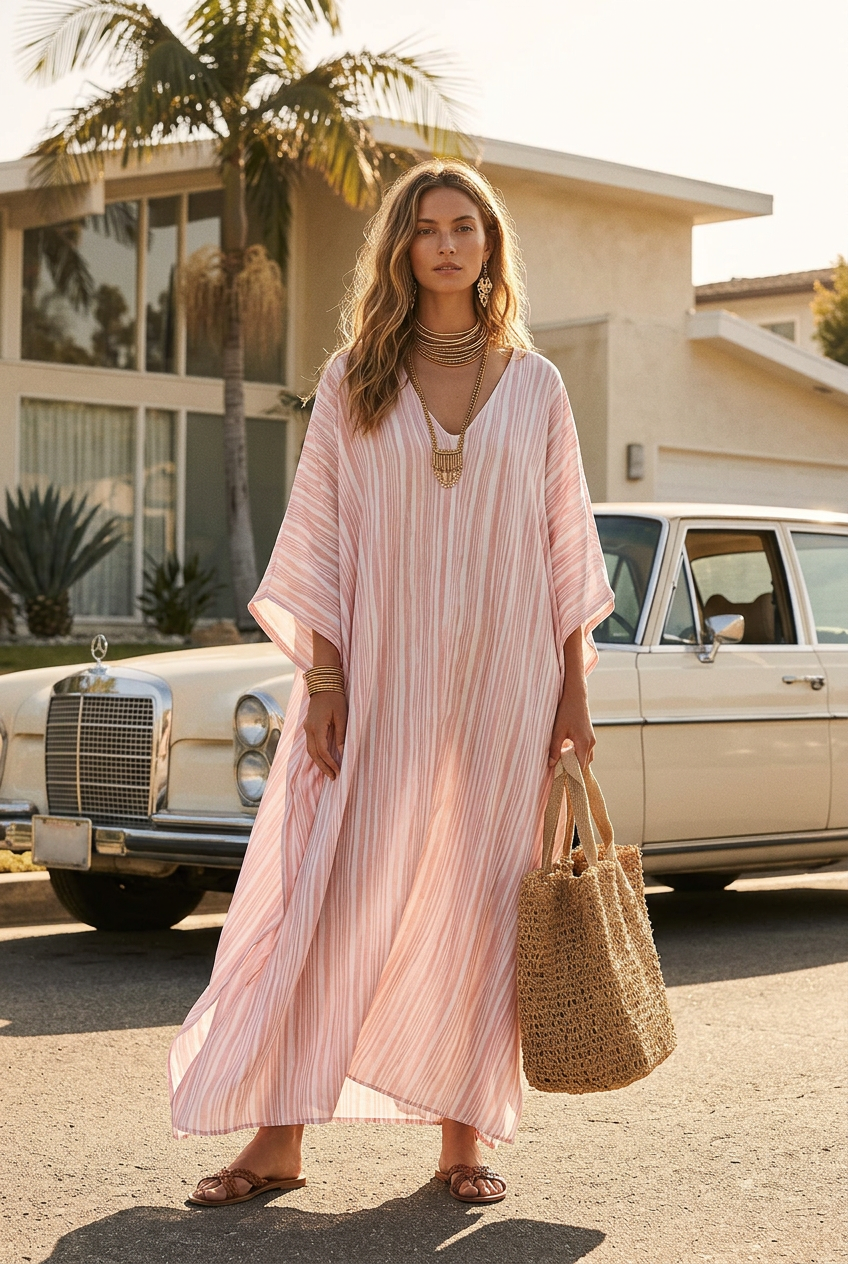 Robe kaftan rose pâle rayée de style bohème