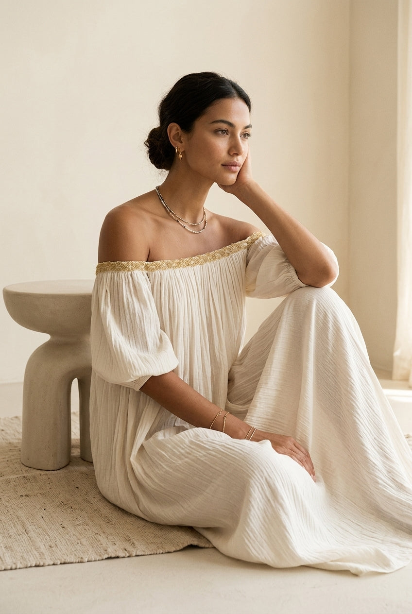 Robe maxi bohème ivoire plissée épaules dénudées
