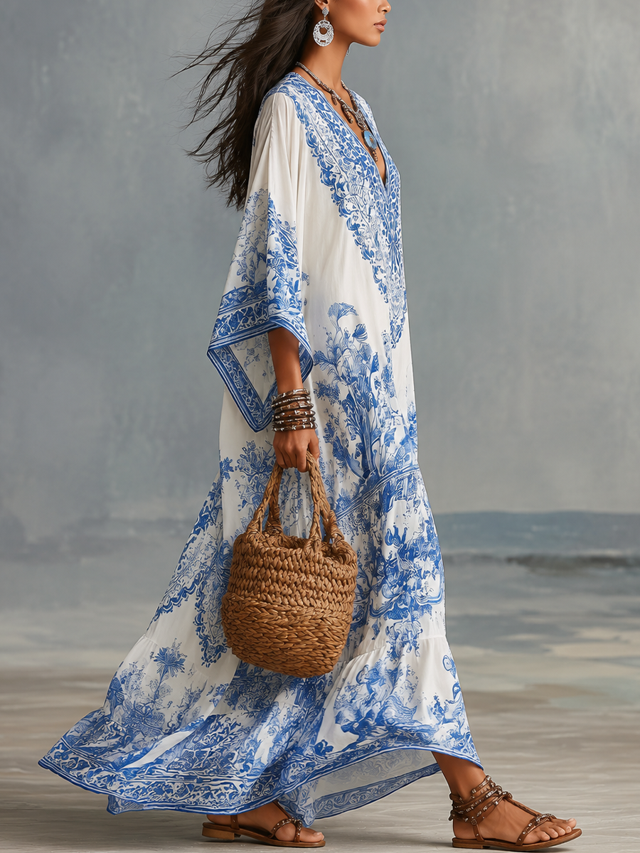 Robe kaftan élégante à col en V avec imprimé porcelaine bleue