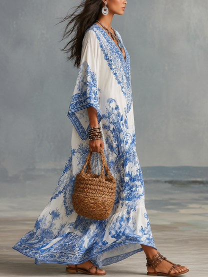 Robe kaftan élégante à col en V avec imprimé porcelaine bleue