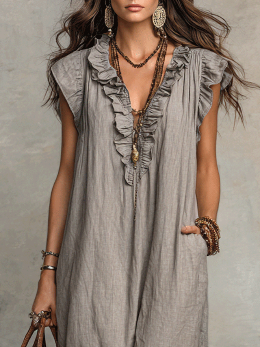 Robe maxi fluide bohème sans manches à volants et col en V