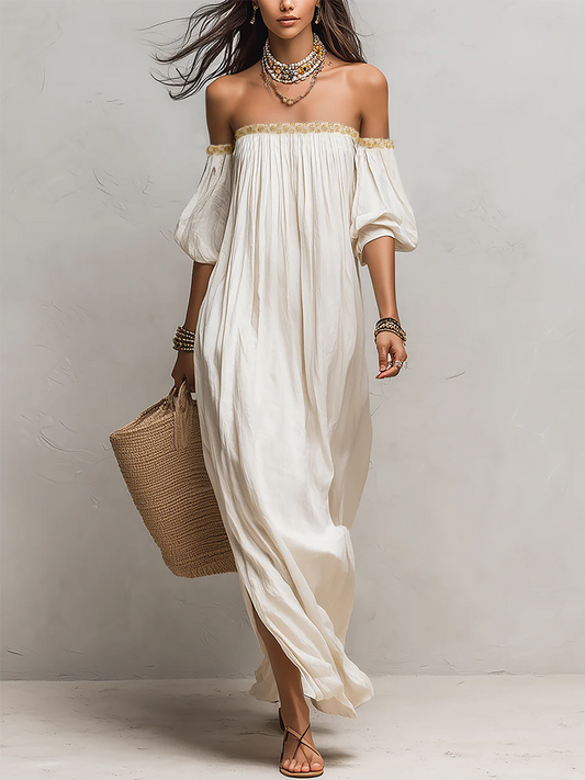 Boheme off-shoulder elfenbensfarvet plisseret maxi-kjole