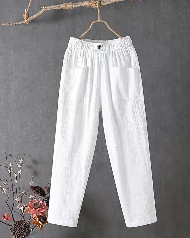Pantalon en lin blanc décontracté pour femmes - Pantalon en lin respirant pour toutes occasions, élégant et confortable
