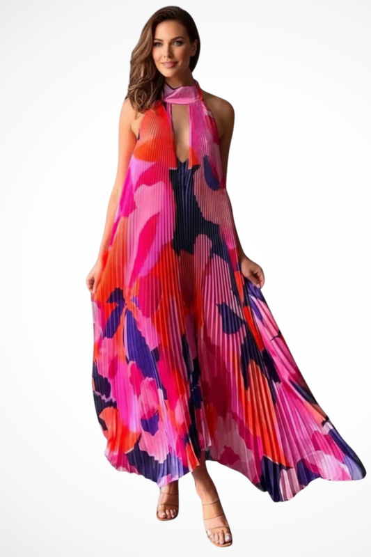 Cordeliaa Women’s Summer Printed Pleated Halter Neck Maxi Dress Wedding Guest