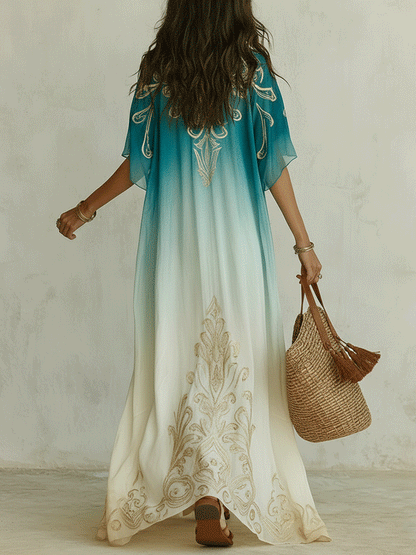 Robe kaftan maxi chic ombrée aqua avec élégance brise côtière