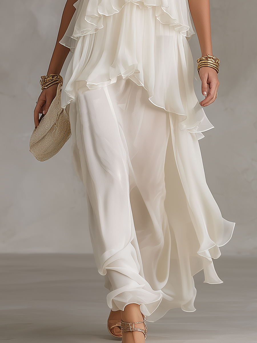 Robe de soirée maxi élégante en chiffon transparent à volants superposés