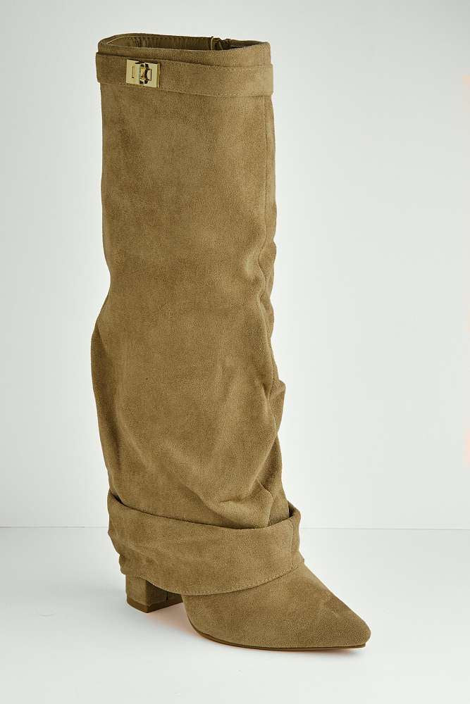 Izel Taupe Suede Pointed Toe Block Heel Boots with Gold Trim Buckle and Ruched Detail