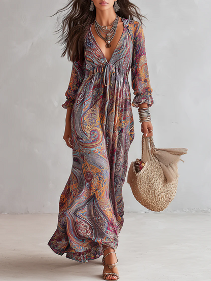 Robe rétro à col en V avec motif cachemire et taille ajustable par lien