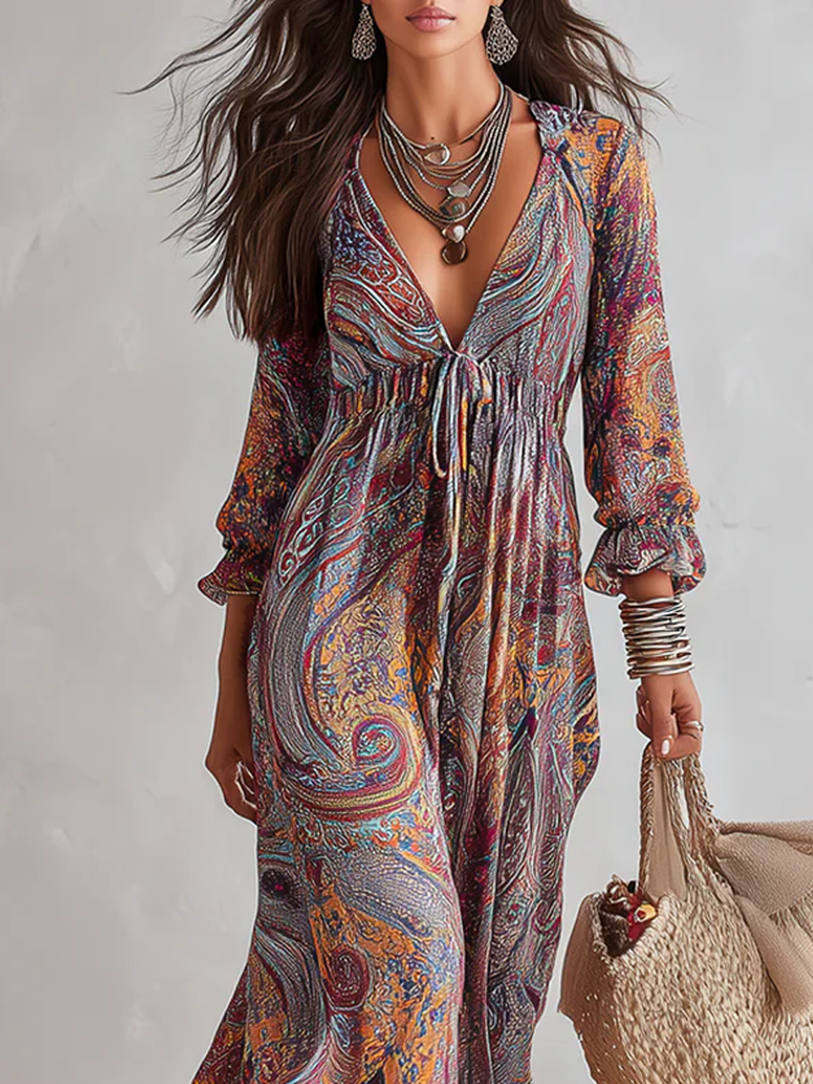 Robe rétro à col en V avec motif cachemire et taille ajustable par lien