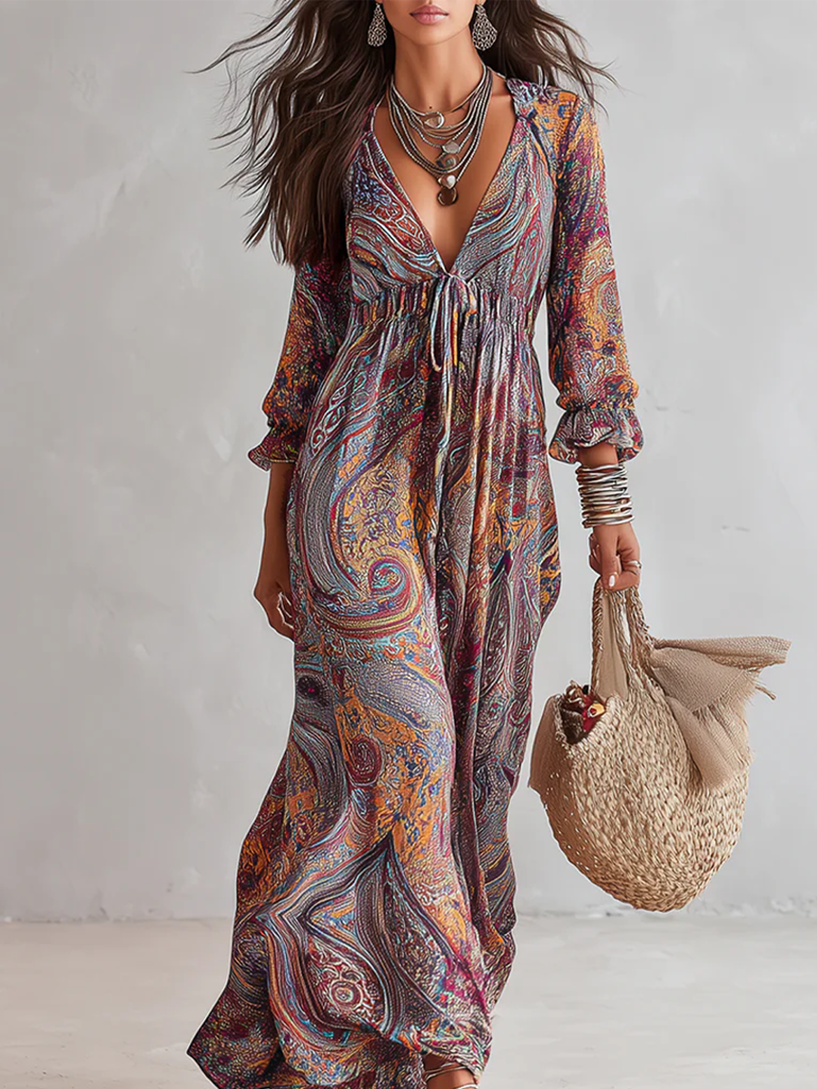 Robe rétro à col en V avec motif cachemire et taille ajustable par lien