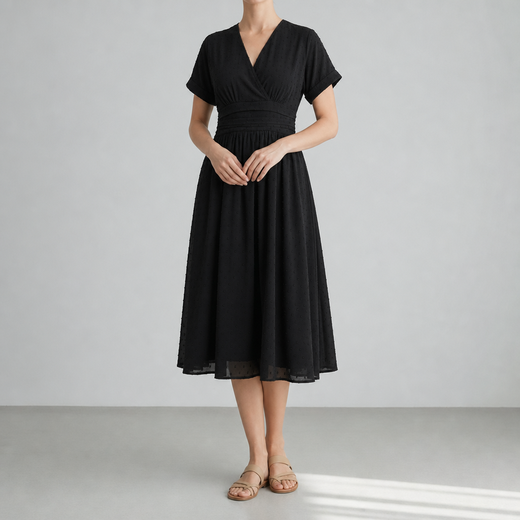 Women's Swiss Dot Wrap Midi Dress Pleated Waist V-Neck – Maren