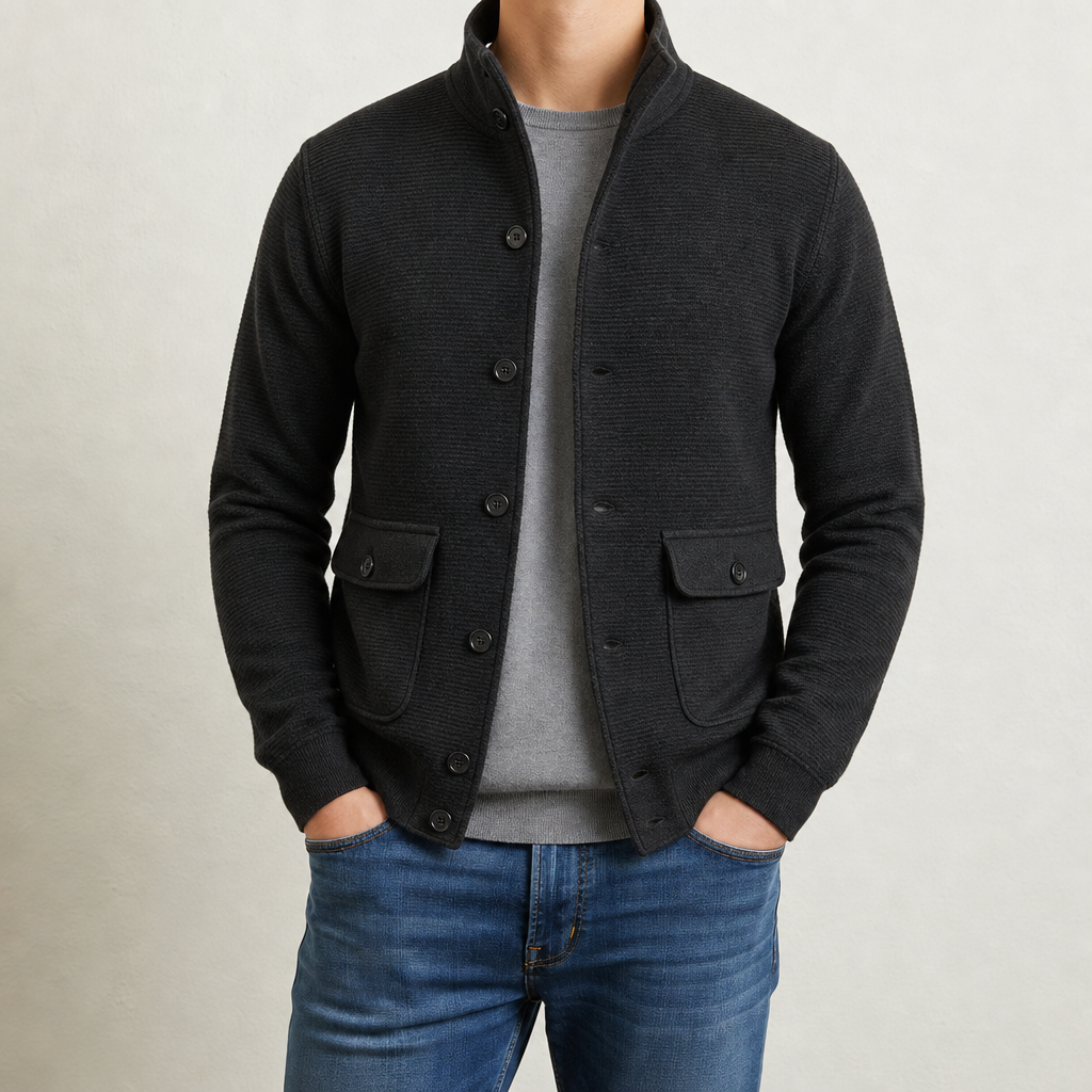 Women's Stand Collar Knit Jacket Smooth Polyester Blend – Elara