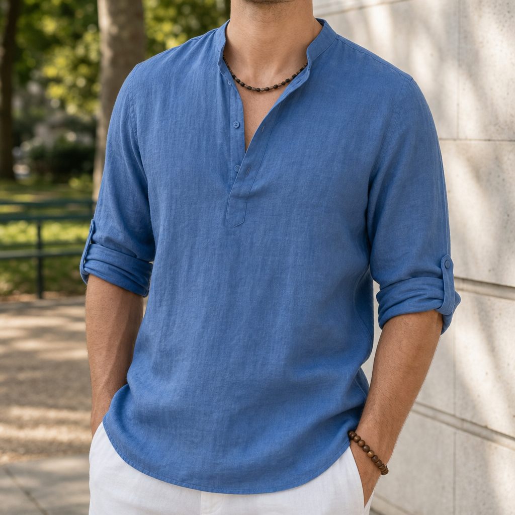 Linen Henley Shirt with Roll Tab Sleeves – Soren