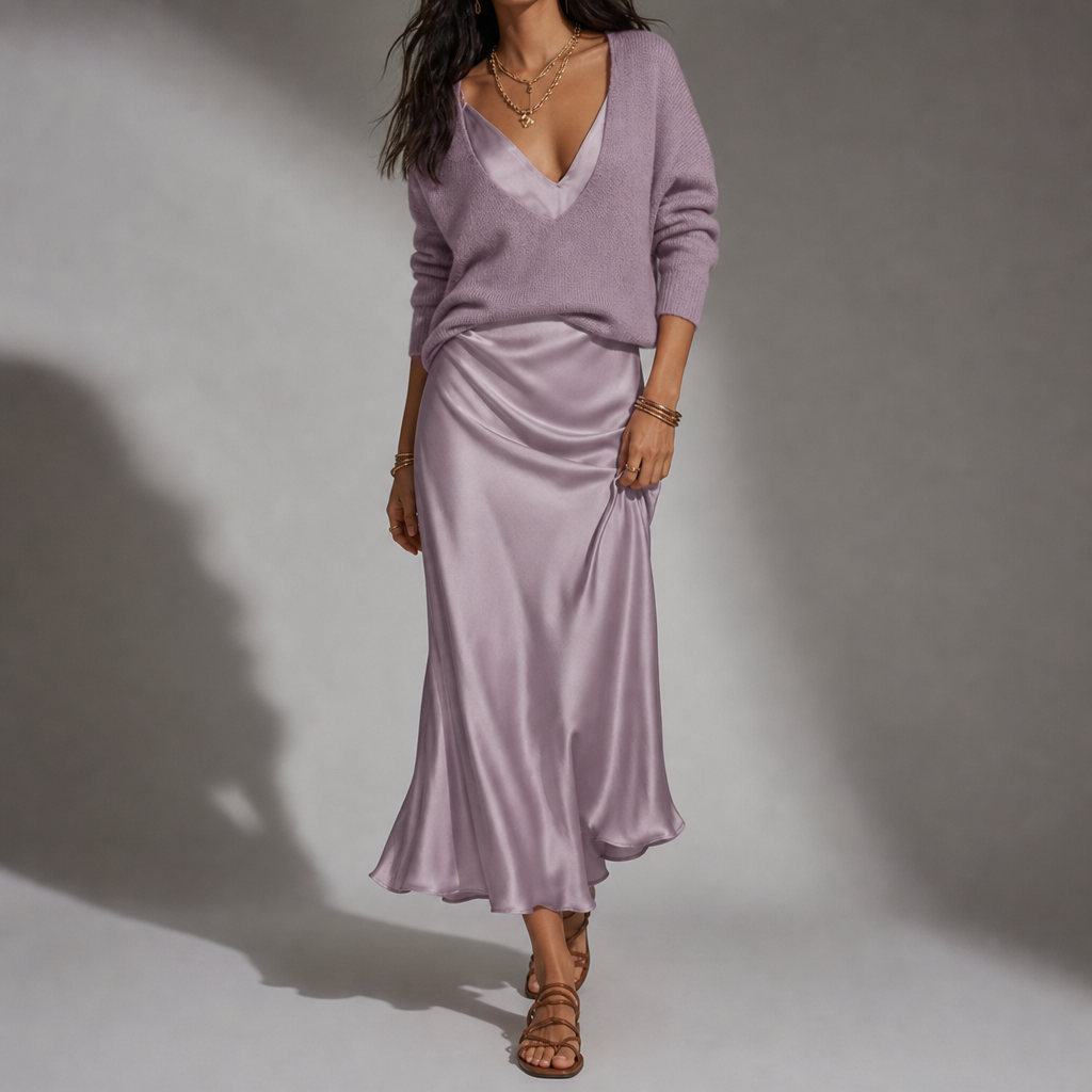Women's Satin Midi Skirt And Cardigan Set Relaxed Fit – Marlowe