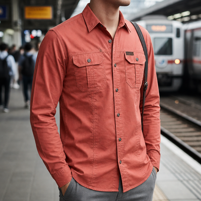 Men's Cotton Blend Long Sleeve Shirt Regular Fit Chest Pockets – Rowan
