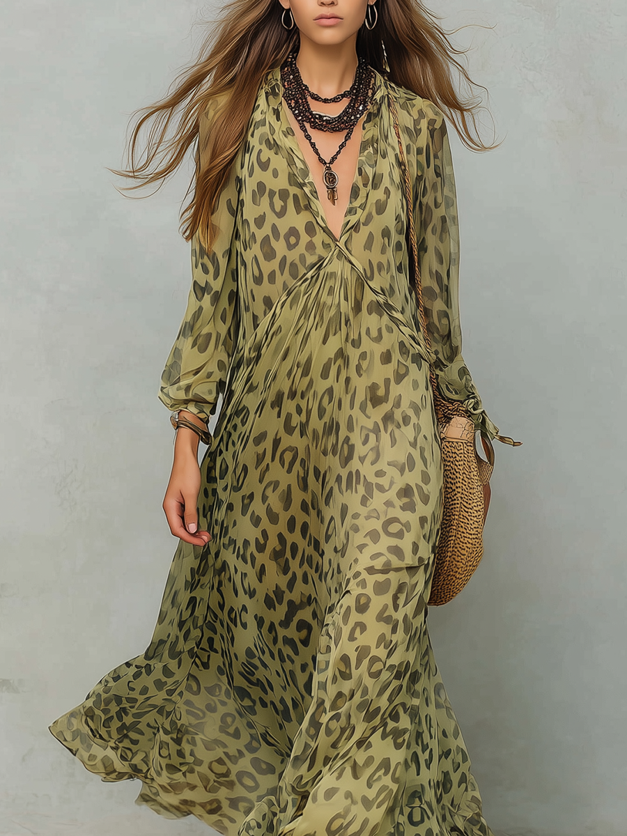 Robe longue bohème en chiffon vert olive à imprimé léopard et manches longues