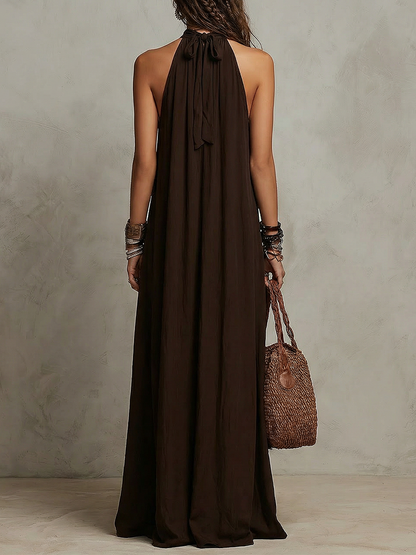 Robe longue minimaliste à col halter marron foncé