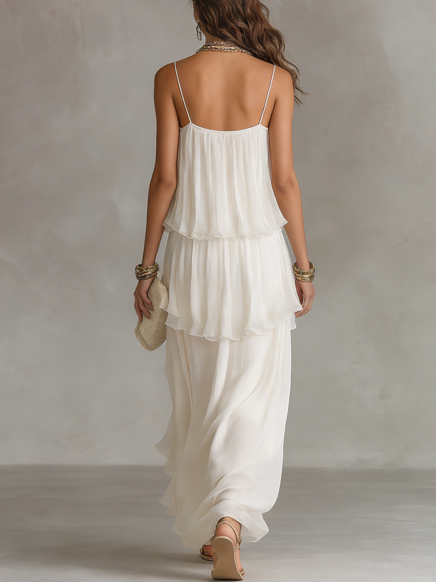 Robe de soirée maxi élégante en chiffon transparent à volants superposés