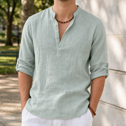 Linen Henley Shirt with Roll Tab Sleeves – Soren