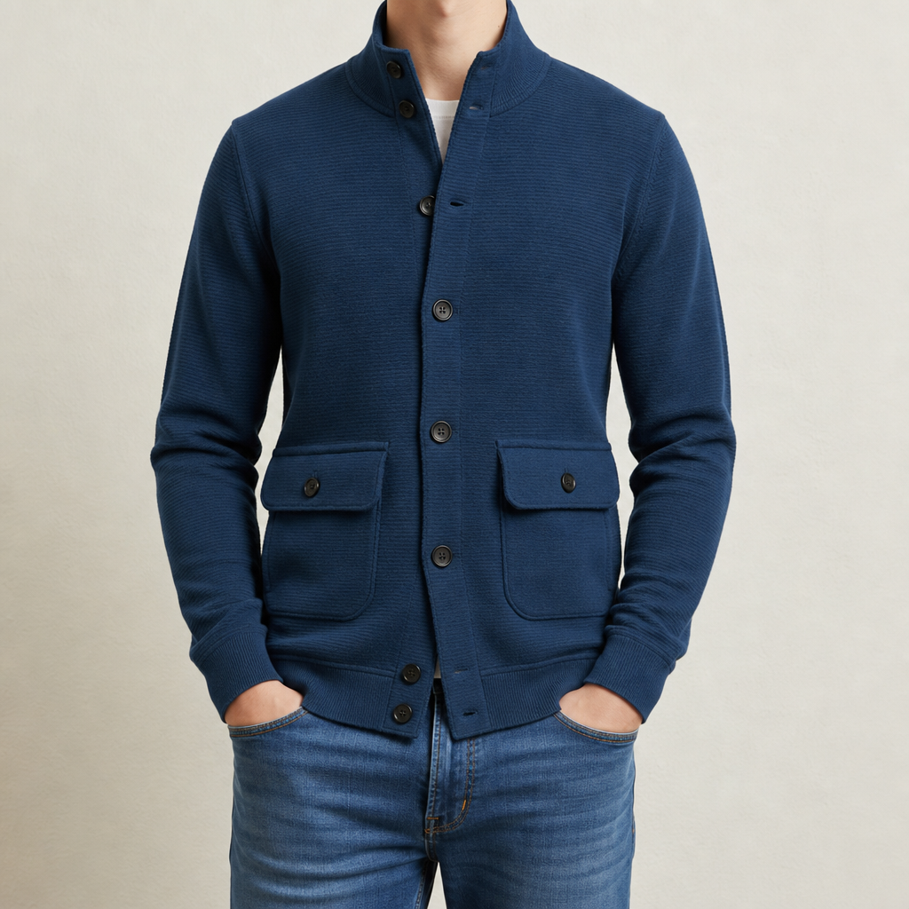 Women's Stand Collar Knit Jacket Smooth Polyester Blend – Elara