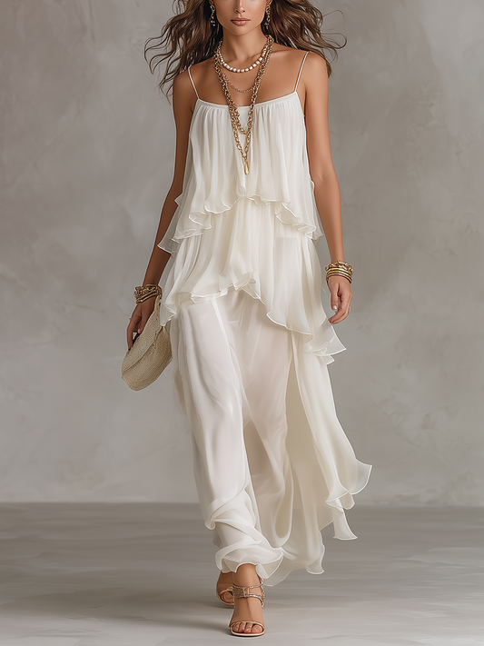 Elegante vestido maxi de gasa transparente en capas