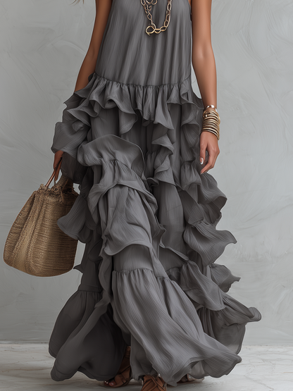 Robe maxi romantique chic grise à volants superposés
