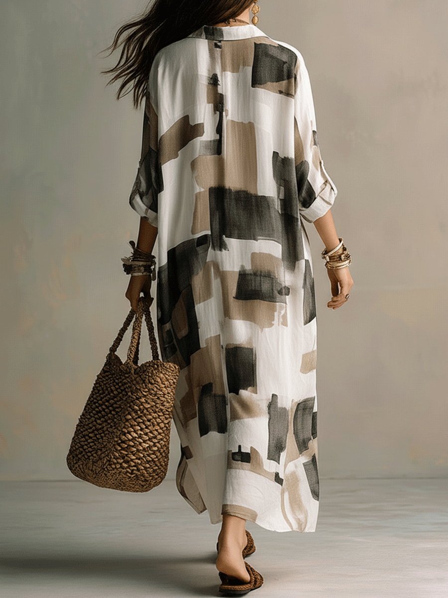 Robe maxi à coupe décontractée avec imprimé abstrait bohème et boutonnage à l'avant