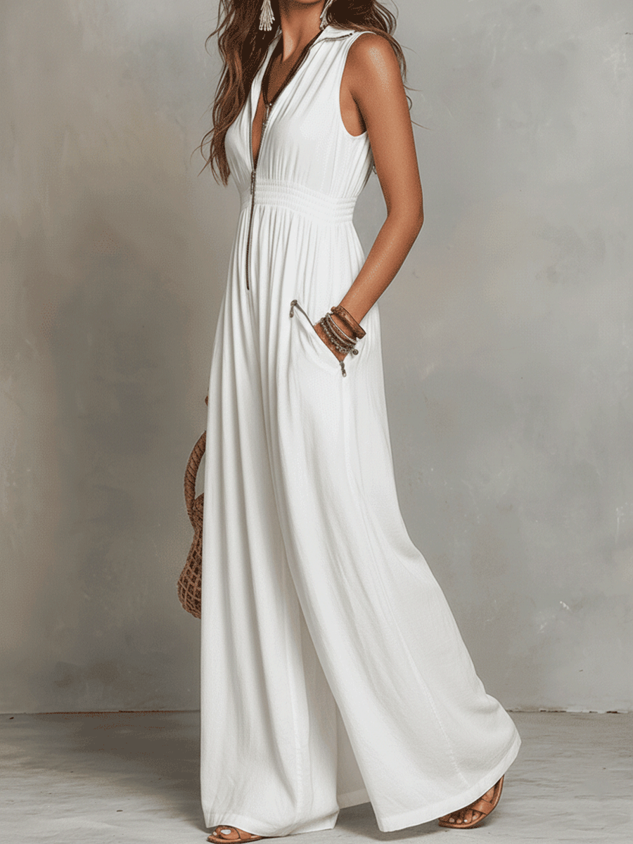 Robe maxi bohème avec fermeture éclair blanche à l'avant