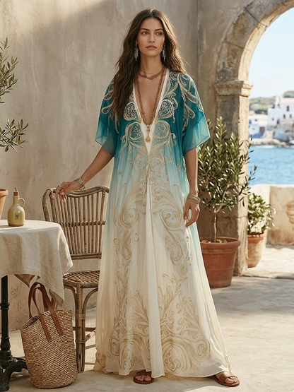 Robe kaftan maxi chic ombrée aqua avec élégance brise côtière