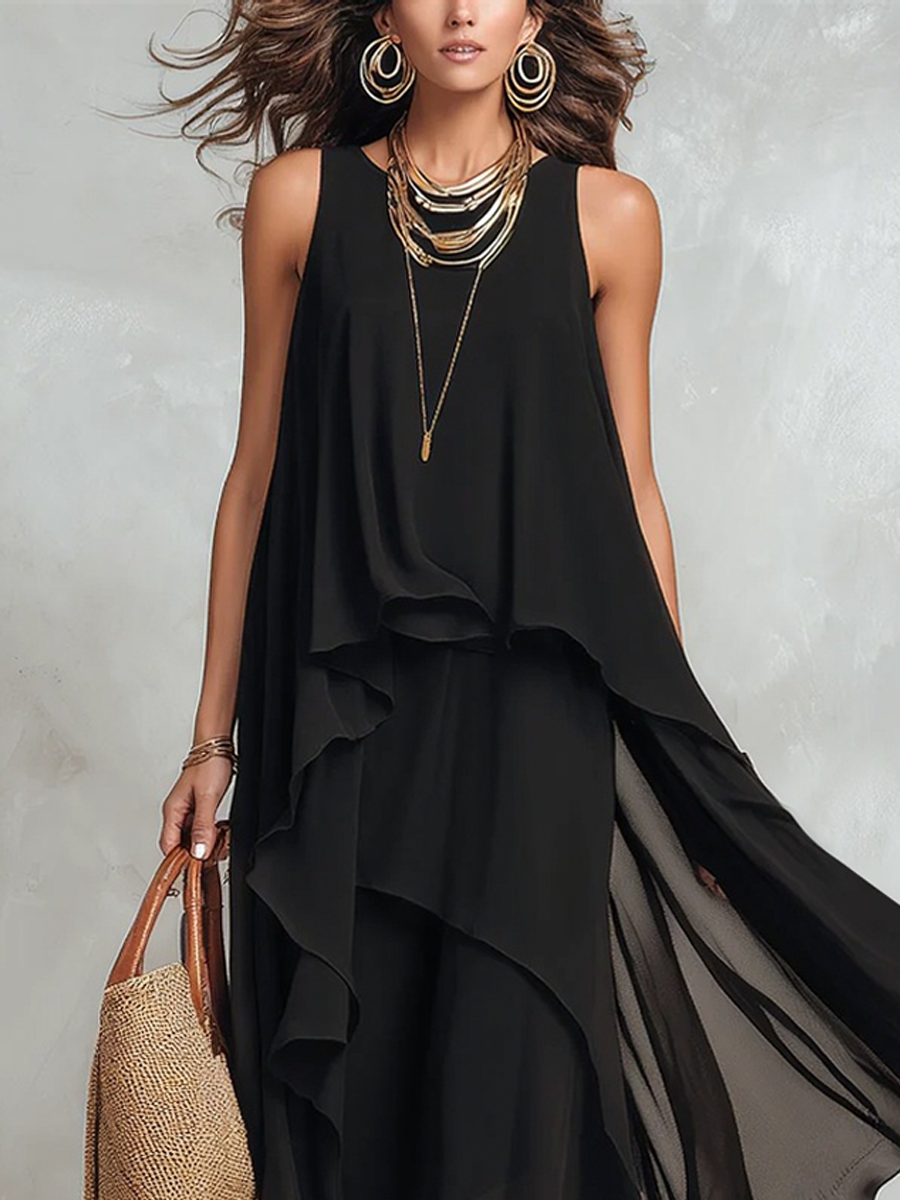 Robe maxi bohème chic en mousseline noire à couches