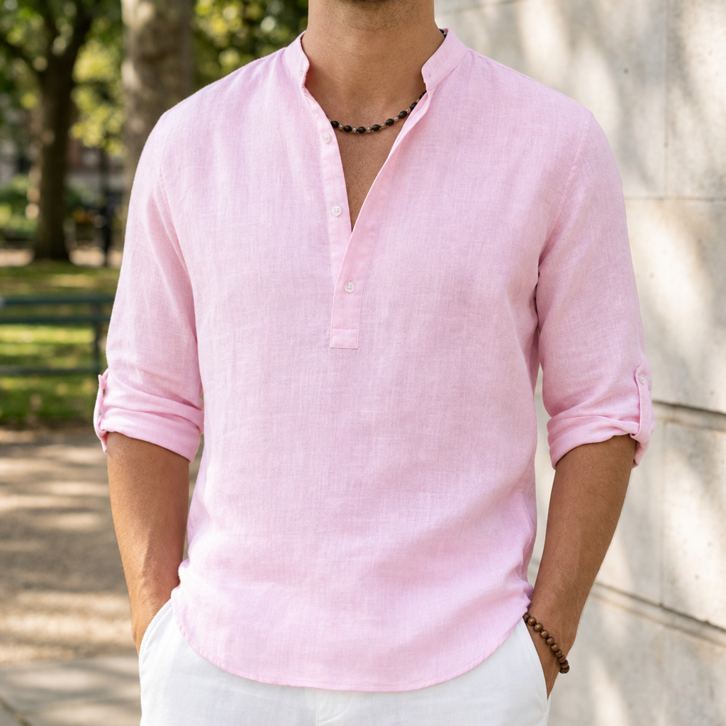 Linen Henley Shirt with Roll Tab Sleeves – Soren