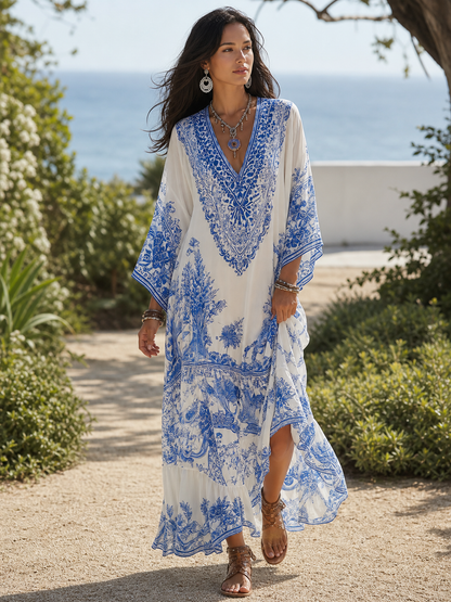 Robe kaftan élégante à col en V avec imprimé porcelaine bleue