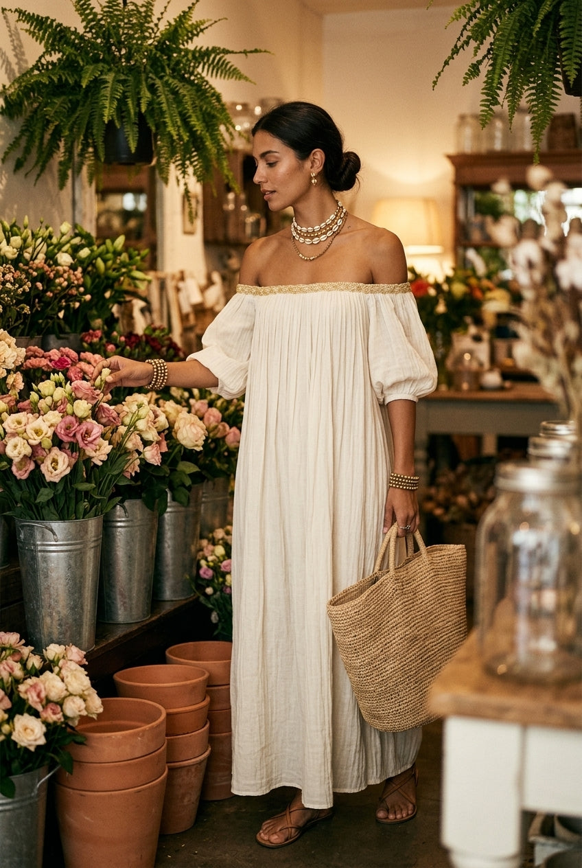 Robe maxi bohème ivoire plissée épaules dénudées