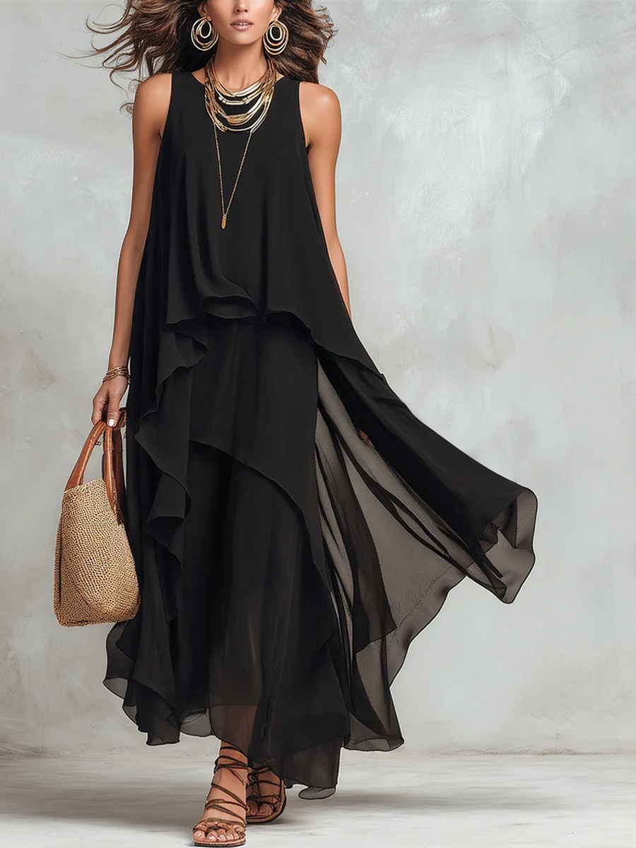 Robe maxi bohème chic en mousseline noire à couches