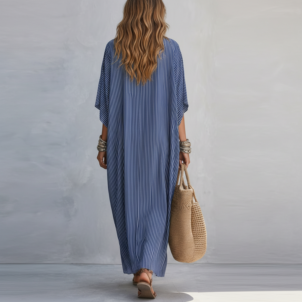 Robe longue minimaliste à fines rayures bleues