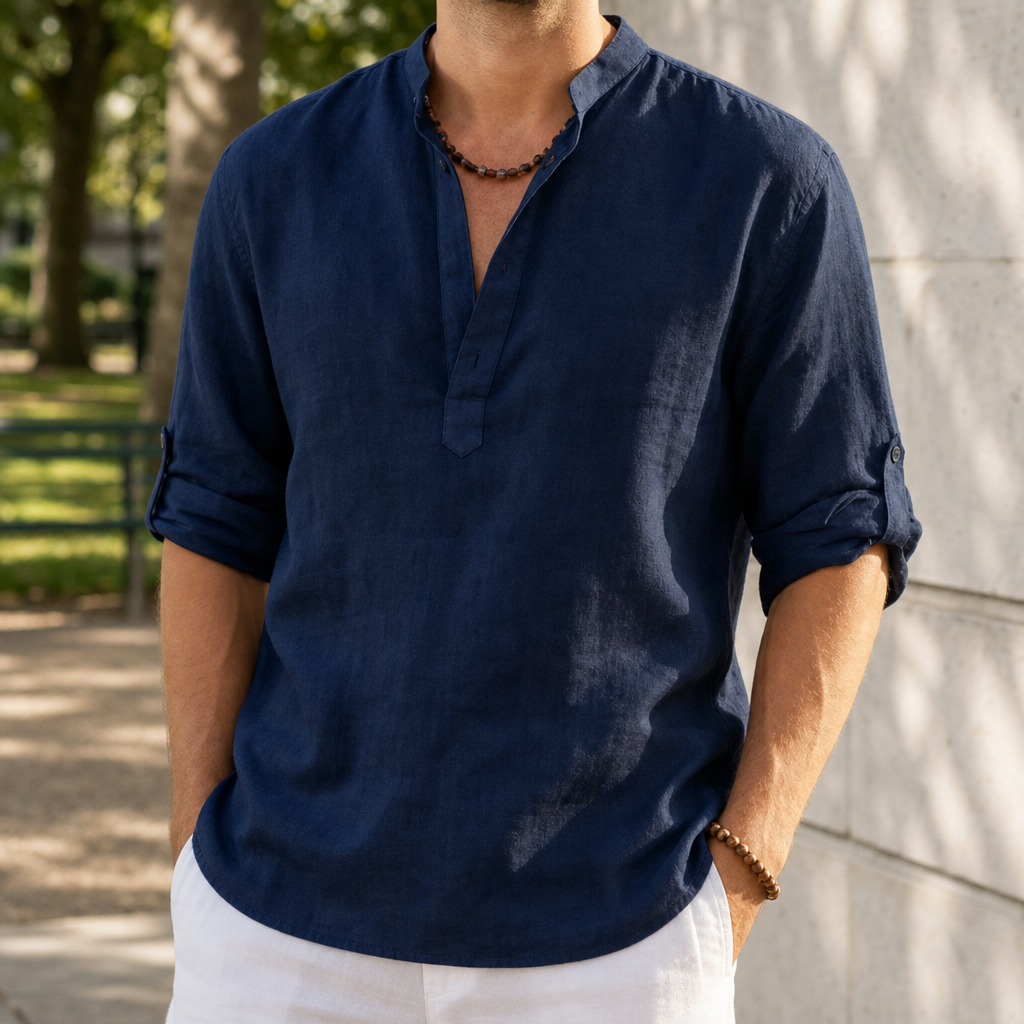 Linen Henley Shirt with Roll Tab Sleeves – Soren