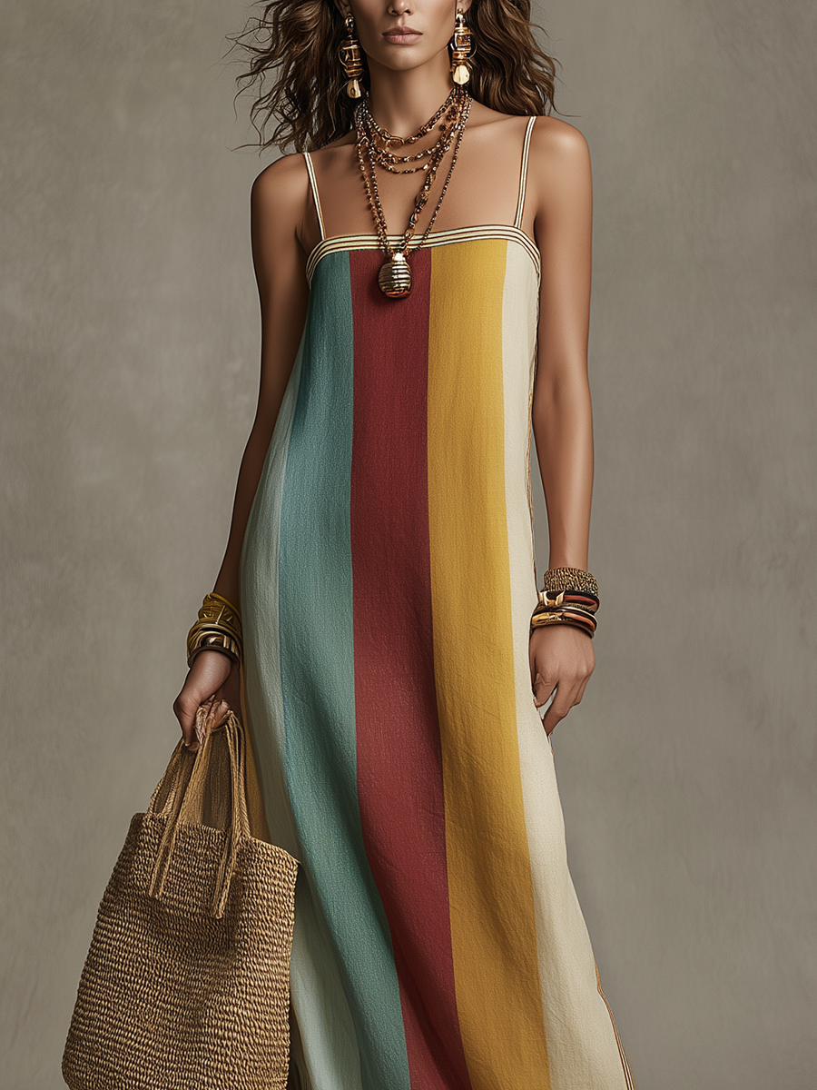 Robe maxi bohème rayée à blocs de couleurs avec bretelles spaghetti