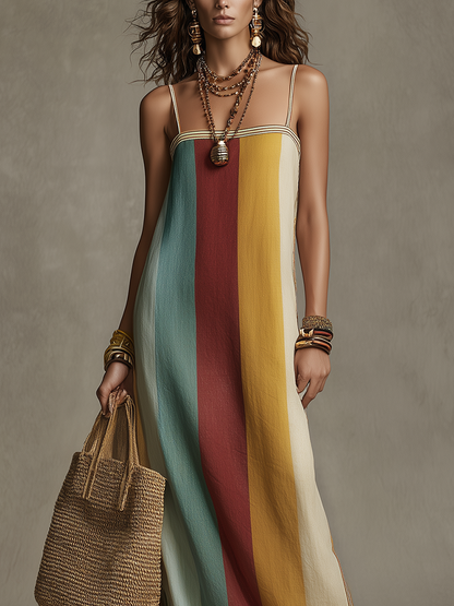Robe maxi bohème rayée à blocs de couleurs avec bretelles spaghetti