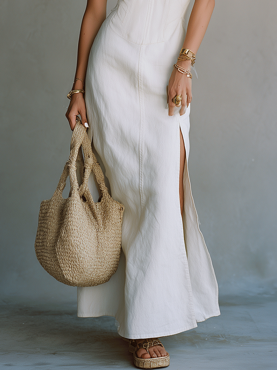 Robe maxi blanche minimaliste chic à bretelles avec fente