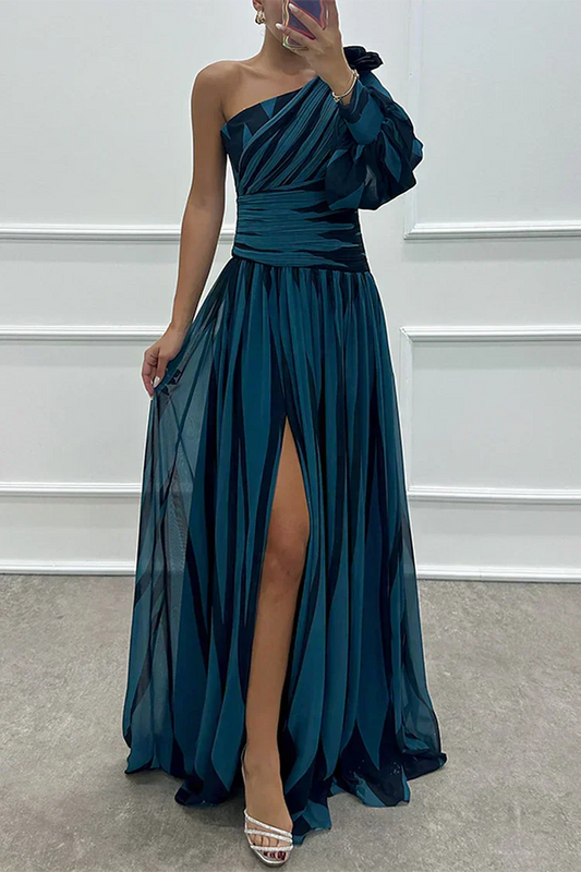 Women's Striped One-Shoulder Maxi Dress Polyester Blend – Elara