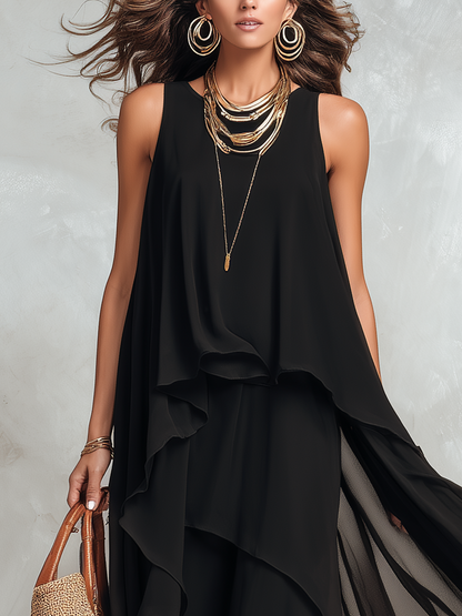 Robe maxi bohème chic en mousseline noire à couches