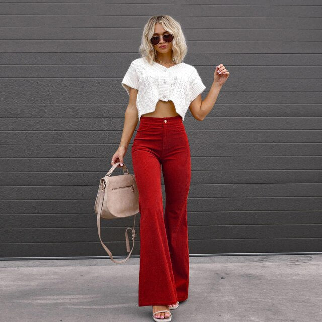 Elegant High-Waist Flared Pants for Women - Versatile Wide Leg Trousers for Casual and Formal Wear, Available in Various Colors